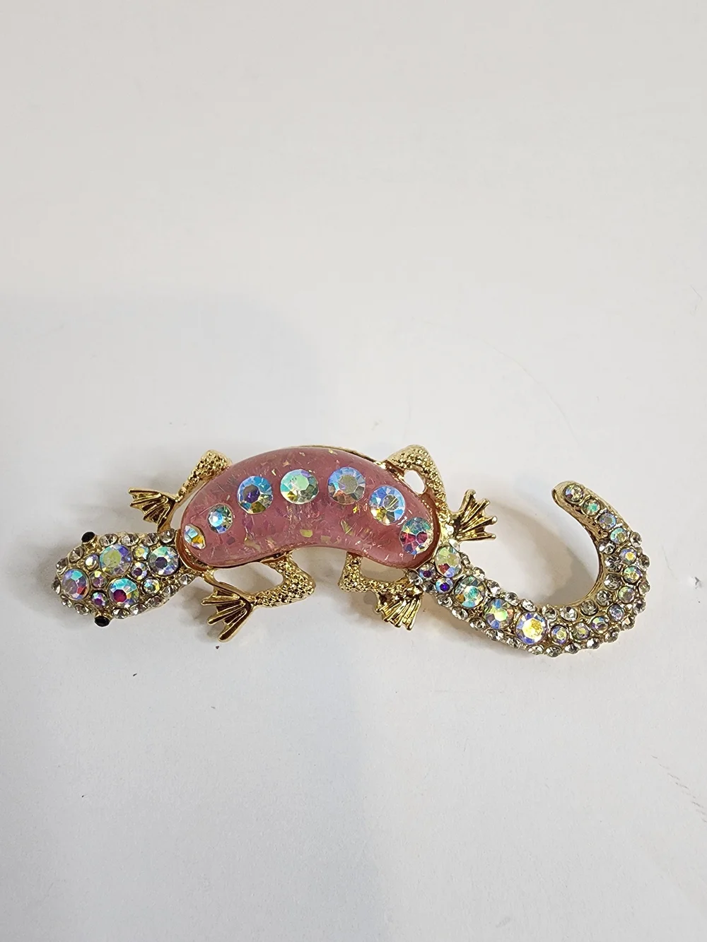 Gold & Pink Jeweled Gecko Brooch - Sparkling Accent.  NWOT.  2.75